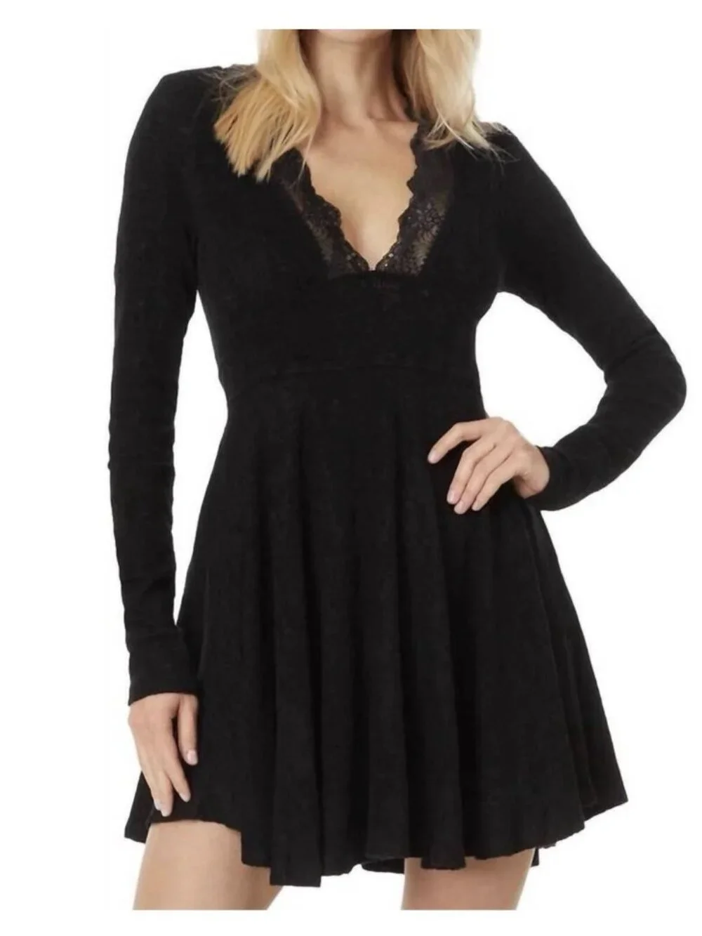Free People Size M All Yours Mini Dress Black Lace Detail Long Sleeve NWT